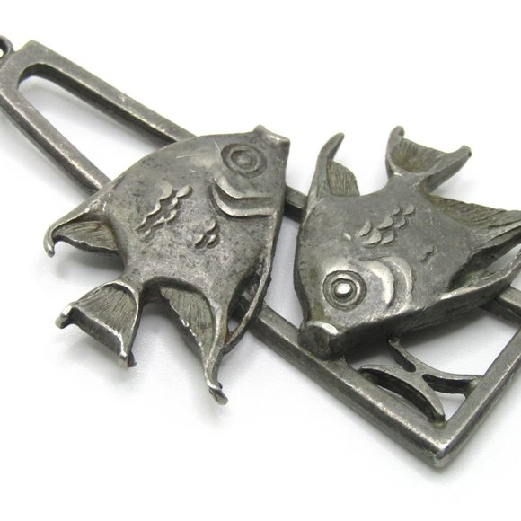 Vintage Cathedral Pewter Necklace Pisces Fish Pendant Horoscope Artisan 30" - Picture 2 of 4